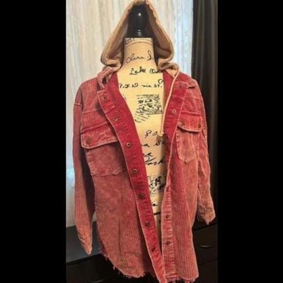Rustic Red Striped Hooded Jacket - Casual Comfort - Picture 1 of 3